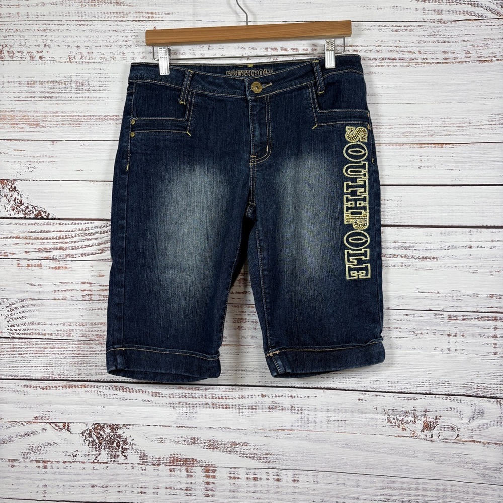 Southpole Blue Denim Embroidered Cuffed Capris